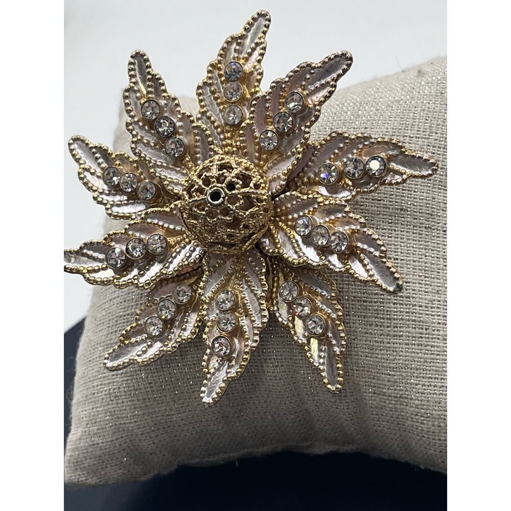 Vintage Poinsettia AB Rhinestone Spray Silver Tone Gold Tone Shiny Brooch - Picture 5 of 11